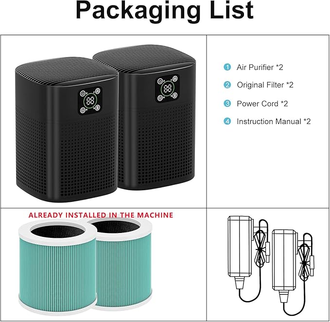 2 Pack Air Purifiers For Home Bedroom, Honeyuan H13 HEPA Air purifier with 360°Air Intake, Coverage up to 650ft², 3 Fan Speeds, Low to 24dB-PawvioPets