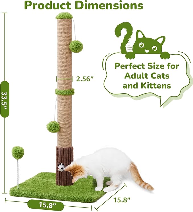 33" Tall Cat Scratching Post for Indoor Cats, Premium Sisal Scratch Posts with Cat Toys and Fun Mouse Holer for Cats at All Ages, Scratcher Tree with Reinforced Stable Base (Green)-PawvioPets