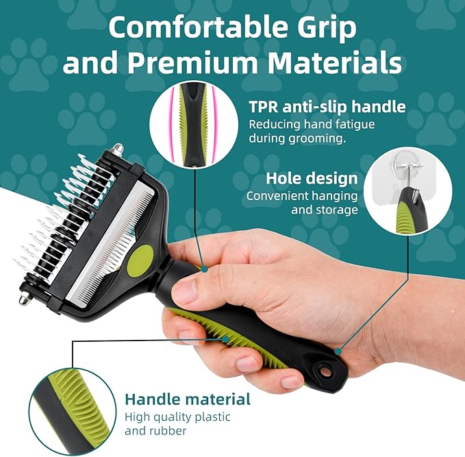 3-IN-1 Pet Grooming Tool - Undercoat Rake, Dematting Comb & Deshedding Brush for Cats & Dogs - Removes Mats, Tangles & Loose Fur, Reduces Shedding & Prevents Hair Mess (Green)-PawvioPets