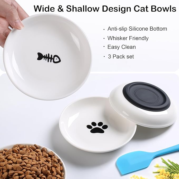 Cat Food Bowl,Healthy Ceramic Cat Bowls for Indoor Cats,Anti Whisker Fatigue Cats Dishes Set,Shallow Wide Kitten Plates for Food and Water,Non-Slip Silicone Bottom,6 Pack-PawvioPets