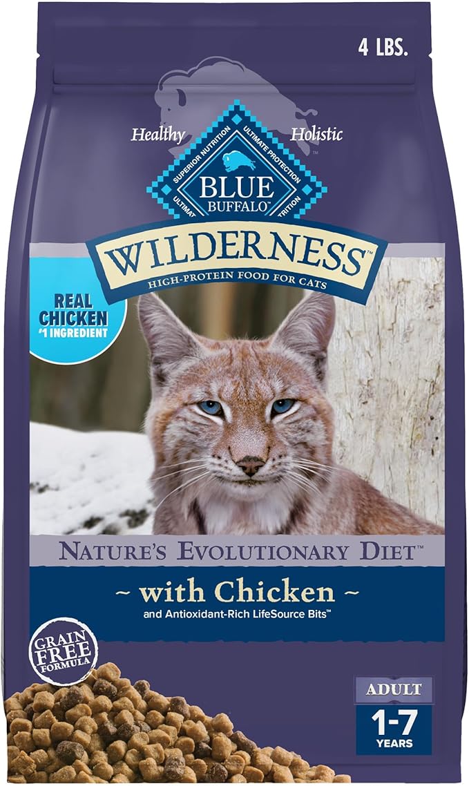Blue Buffalo Wilderness Nature's Evolutionary Diet High-Protein, Grain-Free Natural Dry Food for Adult Cats, Chicken, 4-lb. Bag-PawvioPets