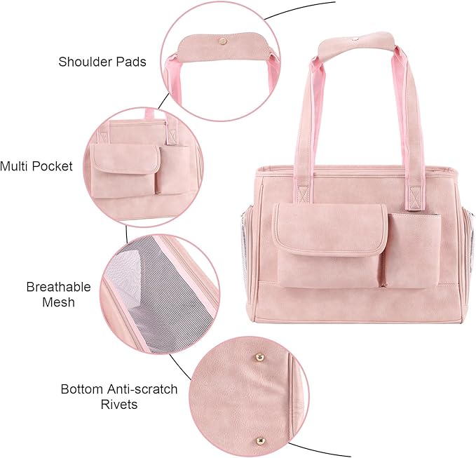 Dog Carrier Purse, Fashion Leather Pet Carrier Bag, Airline Approved Soft Sided Cat Travel Tote Bag with Pockets Pink-PawvioPets