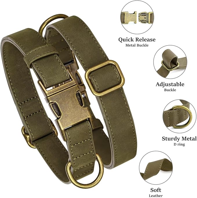 Didog Soft PU Leather Dog Collar, Stylish Quick Released Dog Collars for Large Dogs, Easy Clean Adjustable Pet Collar for Daily Walking, Dark Green, XL Fit 17-27" Neck-PawvioPets