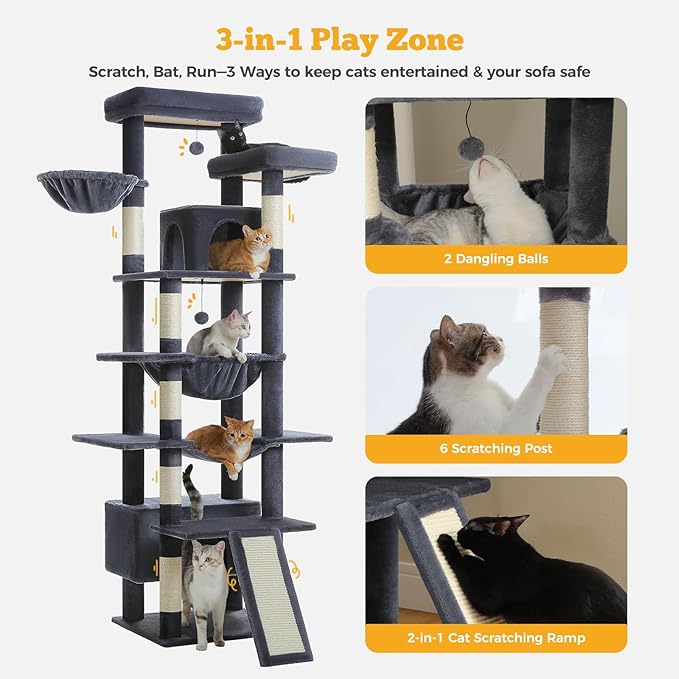 81" Heavy Duty Cat Tree for Large Cats up to 20lbs - Extra Tall Cat Tower with Metal Frame Hammock, 6 Sisal Scratching Posts, 2 Perches - Indoor Cat Furniture for Maine Coon, Dark Gray-PawvioPets