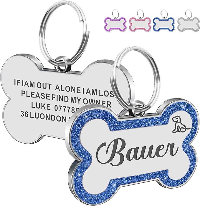 Dog Tags Personalized for Pets Dog Name Tags Personalized Dog Tag Engraved with Any Name & Text Custom Dog ID Tags Glitter Bone ID Tag for Puppy Cat (Blue S, Bone)-PawvioPets