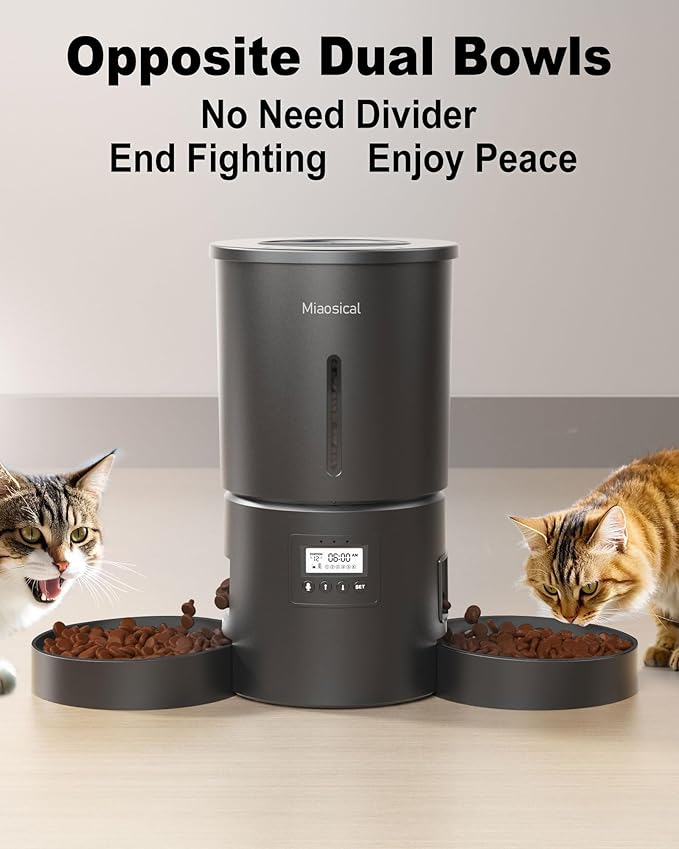 Dual Automatic Cat Feeder 2 Cats,6 Meals/Day,12 Portions/Meal,4.2L Dual Power Double Bowls Feeder,Dry Food Auto Pet Dispenser,10S Voice Record,Flexible Schedule Timer (Black,Basic Dual Bowls)-PawvioPets