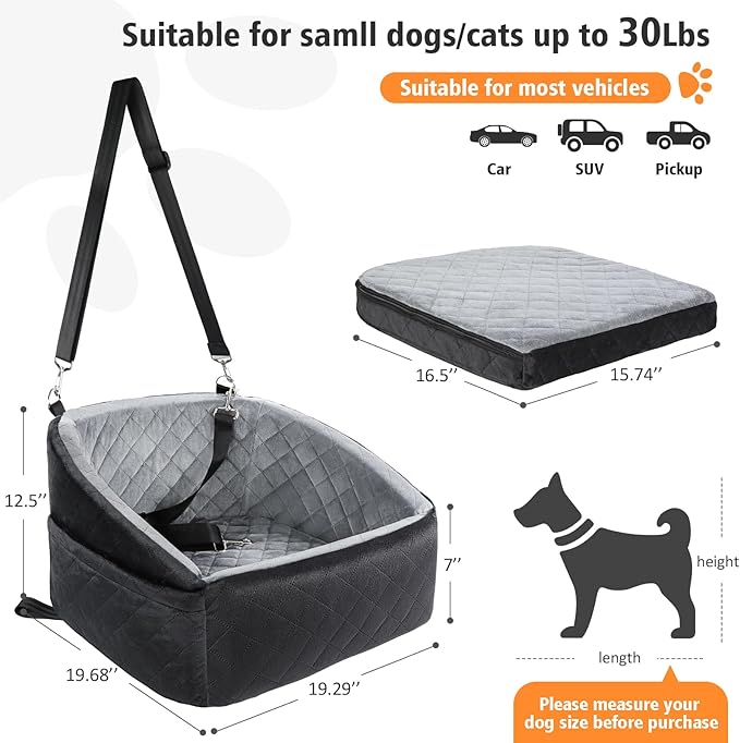 Dog Car Seat for Small Dogs,Detachable Washable Dog Booster Seat Under 30lbs, Pet Car Seat Travel Bed with Storage Pockets and Dog Safety Belt (Black/Grey)-PawvioPets