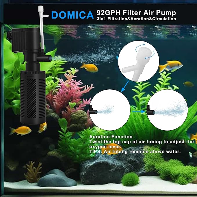 DOMICA Small Aquarium Filter with Aeration System 92GPH 5W Internal Filter for 3 to 10 Gallons Fish Tank, Submersible Fish Tank Filter with 4-pack Pre-filter Sponge-PawvioPets