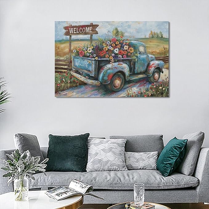 Farmhouse Truck Wall Art Rustic Country Wildflowers Wall Decor Road Flowers Landscape Pictures Canvas Print Painting Artwork for Bathroom Living Room Bedroom 16"x24"-PawvioPets