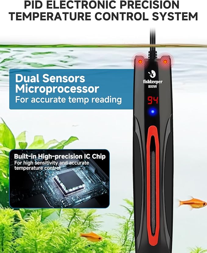 fishkeeper 800W Submersible Aquarium Heater for 80-220 Gal Fish Tanks (Run-Dry/Overheat/Low-Temp Protection)(Precision Electronic Smart Thermostat)(Adjustable Temperature) Ultra-Safe Fish Tank Heater-PawvioPets