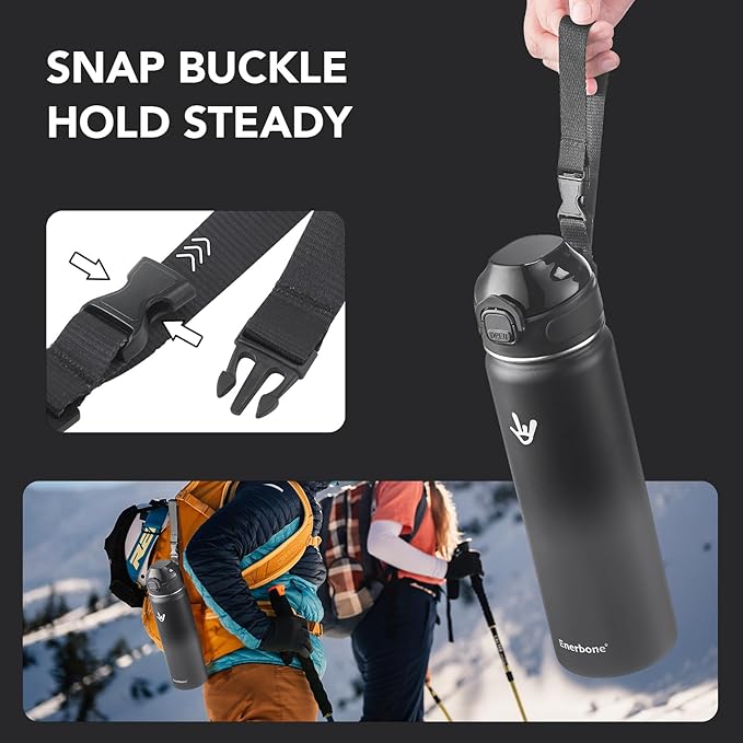 Enerbone 24 oz Insulated Water Bottle, Stainless Steel Bottle with Carrying Strap, Double-Wall Vacuum Insulation Design, Leakproof Sports Bottle with Straw, Keep Drinks Cold or Hot for Hours-PawvioPets