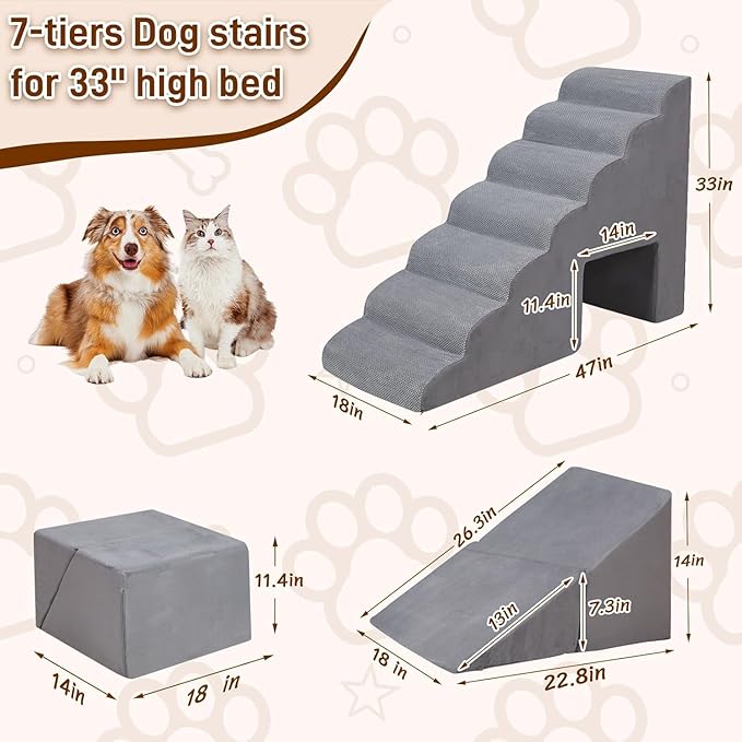 Dog Stairs & Steps for High Beds 30-36 inches High Tall, LitaiL 33inch 7 Steps Pet Stairs/Steps for High Beds Small Large Dogs, Non-Slip Dog Ramps/Ladder for Old Dogs/Cats-PawvioPets