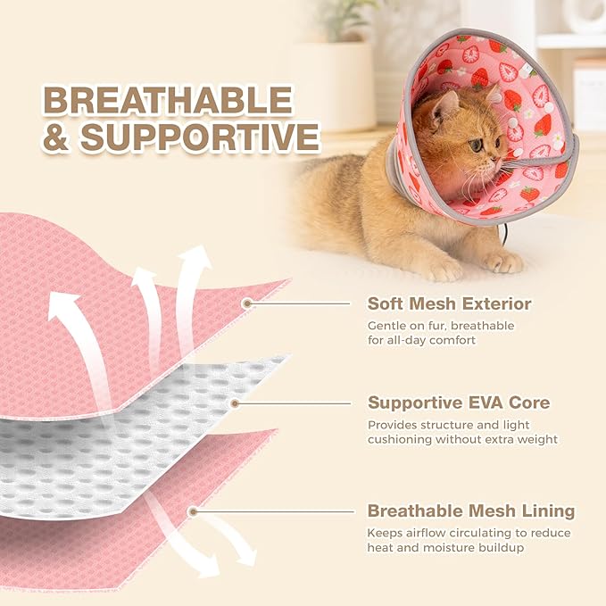 Avont Cat Cone Collar Soft to Stop Licking, Adjustable Foldable Lightweight Kitten Recovery Collar After Surgery for Small Dogs, Elizabeth Cone of Shame Alternative -Strawberry(M)-PawvioPets