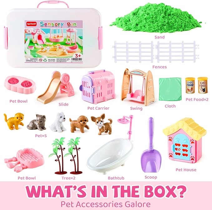 21 PCS Pet Sensory Bin, Dog & Cat Sandbox with Sand & Box, Play Sand Art Toys Kit, Pet Care Play Set, Beach Toys for Kids Ages 4-8, Birthday Gift Girls Boys 3 4 5 6 7 Years Old-PawvioPets