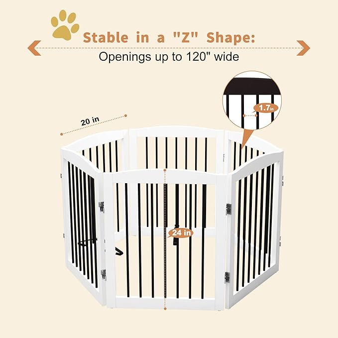 Freestanding Pet Gate for Dogs, Foldable Wooden Dog Gate for House, Extra Wide Indoor Pet Barrier for Stair, Doorway, Hall, Support Feet Included, 120 Inch Wide, 6 Panels 24", White-PawvioPets