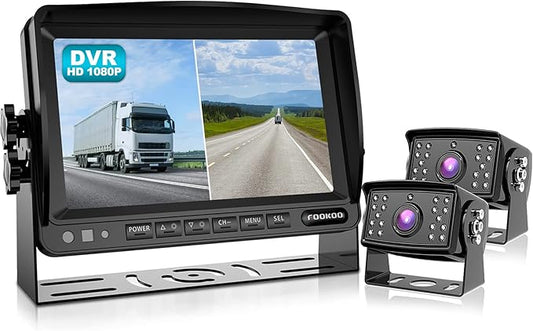 Fookoo Ⅱ 7" HD 1080P Wired Backup Camera System, 7-inch Dual Split Screen Monitor W/Recording IP69 Waterproof Front View Rear View Camera Parking Lines for Truck/Trailer/RV/Skid Steer (FHD2)-PawvioPets