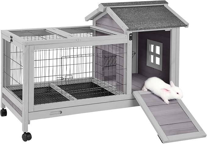 Aivituvin Rabbit Hutch Indoor Bunny Cage Outdoor Bunny House with Wire Floor Leakproof Plastic Tray-PawvioPets