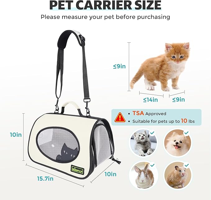 Cat Carrier Purses for Women, Airline Approved Pet Travel Bag for Cats, Kittens, Rabbits up to 10 lbs - Collapsible, Soft-Sided,16x10x10 in, Breathable Mesh with Kitty Pattern, Collar and Leash, Cream-PawvioPets