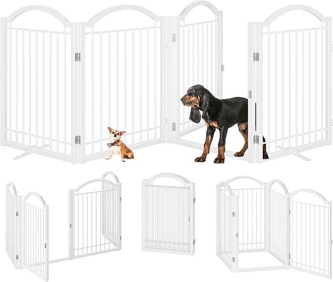 BHG Metal No-Assembly Freestanding Dog Gate with Door Walk Through, Extra Wide 96", Extra Tall 32" Pet Gate, Accordion Puppy Folding Playpen Dog Fence, with 2PCS Support (White, 4 Panels)-PawvioPets