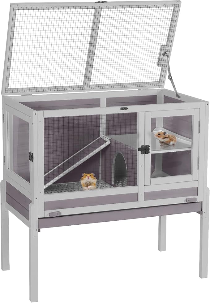 Aivituvin Wooden Guinea Pig Cages Indoor with Removable Stand, Anti Chewing Rabbit Hutch with Ramp and Wire Mesh, 2 Story Small Animals House Habitat with Pull Out Tray (Gray&Purple)-PawvioPets