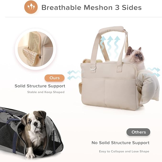 Dog Carriers for Small Dogs, Soft Sided Folding Small Dog Carrier for Dogs Medium Cats Puppies up to 13 Lbs, Washable Breathable Puppy Carrie Carrier for Outdoor Travel (Small Beige)-PawvioPets