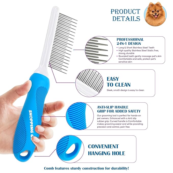 Detangling Pet Grooming Comb for Dogs & Cats with Long & Short Stainless Steel Metal Teeth for Removing Tangles and Knots - Dematting Brush to Detangle Matted Hair-PawvioPets