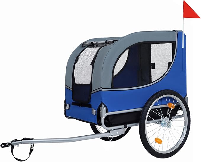 Blue-Grey Large Folding Bike Trailer for Dogs – Heavy-Duty Steel Frame, 66LB Capacity Pet Carrier for All-Terrain Cycling, Jogging & Camping Adventures!-PawvioPets