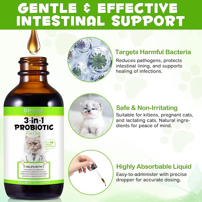 3 in 1 Probiotics for Cats, Cat Digestive Support,Daily Digestive Health Supplement with Multiple Strains of Bacteria Help with Diarrhea,Gas and Bloating, Cat Herbal Supplements- 60ml-PawvioPets