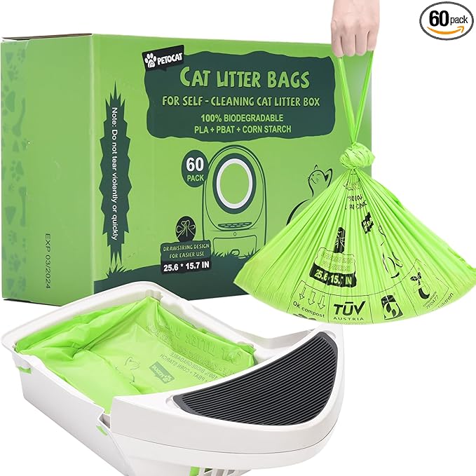 Biodegradable Cat Litter Liner Bags Compatible with LR 3, 4 and Most Self-Cleaning Litter Boxes, 60 Count Kitty Automatic Waste Drawer Liners, Drawstring Pet Compostable Replacement Poop Bags-PawvioPets