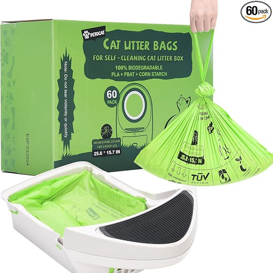 Biodegradable Cat Litter Liner Bags Compatible with LR 3, 4 and Most Self-Cleaning Litter Boxes, 60 Count Kitty Automatic Waste Drawer Liners, Drawstring Pet Compostable Replacement Poop Bags-PawvioPets