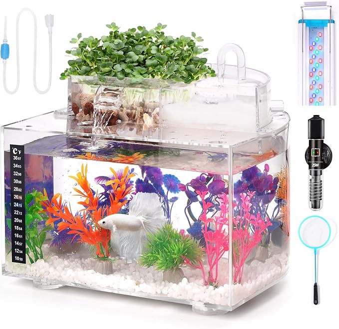 Betta Fish Tank Kit, 2.5 Gallon Aquarium Self-Cleaning with LED Light, Filter, Heater, Decorations and Accessories - Ideal for Hydroponic Growing System and Aquaponics-PawvioPets
