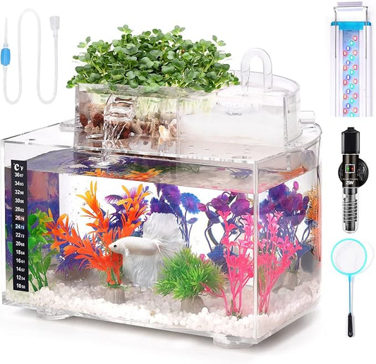 Betta Fish Tank Kit, 2.5 Gallon Aquarium Self-Cleaning with LED Light, Filter, Heater, Decorations and Accessories - Ideal for Hydroponic Growing System and Aquaponics-PawvioPets
