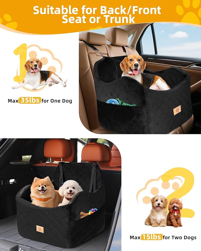 Car Seat Booster for Dog: High-Support Memory Foam Pet Car Seat for Small/Medium Dogs Under 35lbs with Elevated Cushion - Detachable Washable Puppy Travel Bed for Driving with Pockets (Black)-PawvioPets