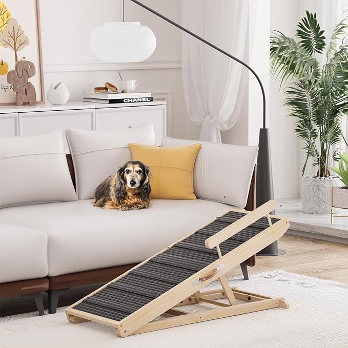 Dog Ramp for Bed, Couch, Car, Folding Pet Ramps 44.48" Long Adjustable 15"-22" Wooden Stairs with High Traction Mat & Safety Side Rails for Small & Medium Old Dogs & Cats, up to 200 lbs-PawvioPets
