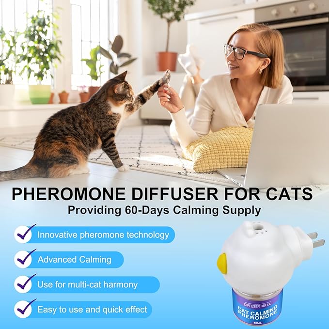 Cat Calming Diffuser Kit for Cat Anxiety Relief, 3-in-1 Cat Pheromone Diffuser Kit with 1 Diffuser +2 Refill 48ml Vial for 60-Day Use, Reduces Separation Anxiety, Aggression, and Stress-PawvioPets