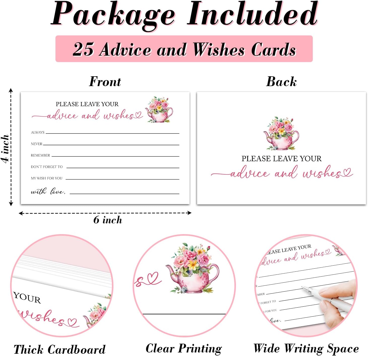 25 Advice and Wishes Cards, Floral & Teapot Fill-In Advice Cards for Bridal Shower Wedding Birthday Party Baby Shower Graduation Party, Well Wishes Card for Mr & Mrs Adults, Party Supplies -06