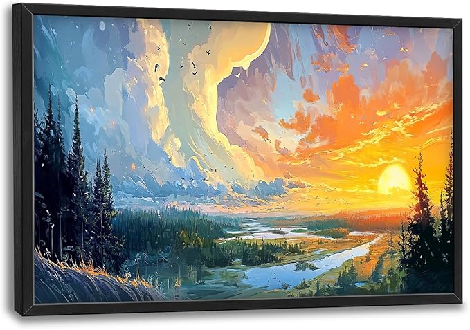 Framed Large Sunrise Wall Art for Living Room, Oversized Sunrise Wall Decor Forest Lake Landscape Canvas Print Natural Picture Home Decoration for Bedroom Living Room Office 36"x24"-PawvioPets