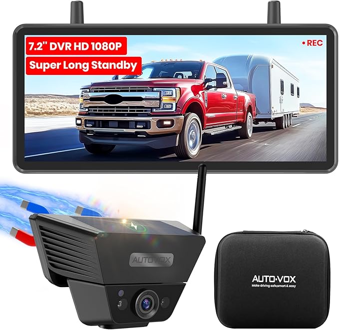 AUTO VOX Wireless Backup Camera Solar Magnetic: with 7.2" DVR 1080P 2 Split Recording Monitor, Dual Antenna Stable Signal,IP69K & 1-Min Install,HD IR Night Vision for Truck, Trailer, RV, Camper-PawvioPets