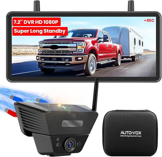 AUTO VOX Wireless Backup Camera Solar Magnetic: with 7.2" DVR 1080P 2 Split Recording Monitor, Dual Antenna Stable Signal,IP69K & 1-Min Install,HD IR Night Vision for Truck, Trailer, RV, Camper-PawvioPets