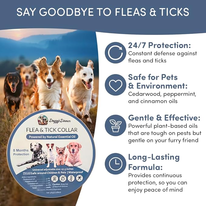 Flea and Tick Collar for Dogs, Cats – Natural Essential Oils – Long-Lasting 8 Month Protection – Waterproof, Adjustable – Safe for Puppies, Kittens, Sensitive Skin-PawvioPets