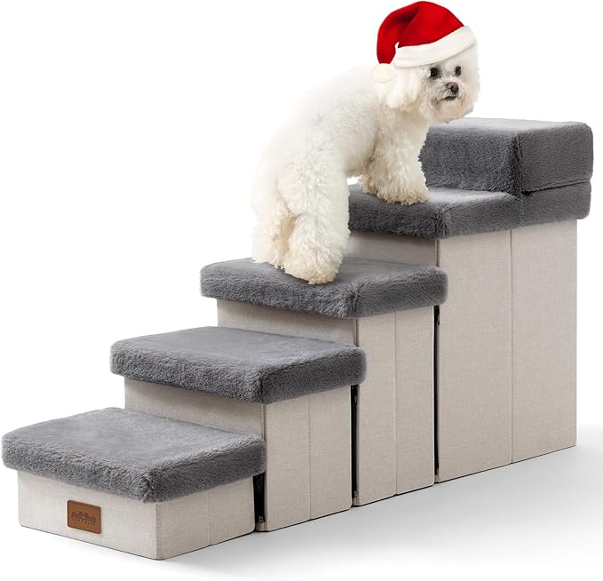 Dog Stair for Small Dogs with Storage, Foldable Pet Step with Soft Cover, Older Cat Ramp for Chair Couch Sofa, Lightweight, Durable, Comfort, 39.7x13x21.2 inch, 5 Tiers, Grey-PawvioPets