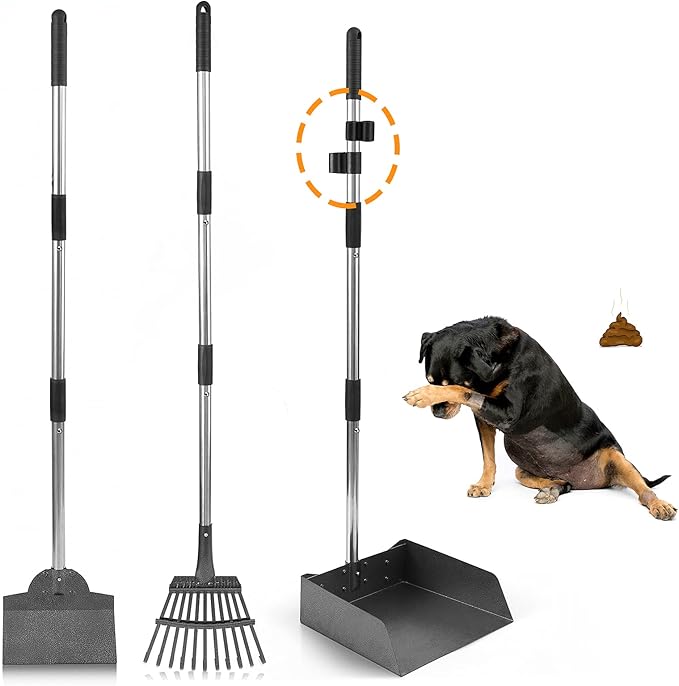 Dog Pooper Scooper, Adjustable Handle Poop Scooper with Tray,Rake and Spade Set of 3, Steel Stainless Poop Scoop for Medium Large Dogs and Pet Waste on Grass, Dirt and Gravel (Large Size)-PawvioPets