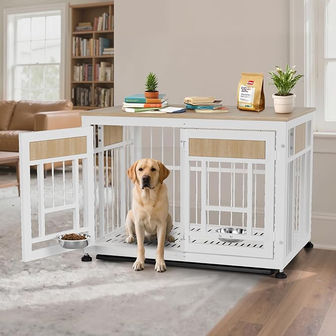 Dog Crate Furniture End Table, 38 Inch Hidden Kennel Cabinet with Removable Tray, Thickened Metal Frame Dog Cage, Dual-Purpose Pet House & Nightstand for Living Room-PawvioPets