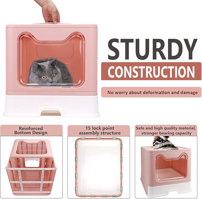 Foldable Cat Litter Box with Lid, Enclosed Potty, Large Top Entry Anti-Splashing Toilet, Easy to Clean Including Litter Scoop and 2-in-1 Cleaning Brush (Pink)-PawvioPets