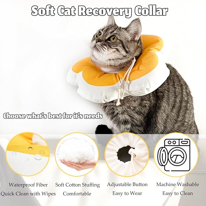 Cat Cone Collar Soft, Adjustable Kitten Cone After Surgery, Waterproof Recovery E Collar for Pet to Stop Licking(Yellow Flower, Small)-PawvioPets