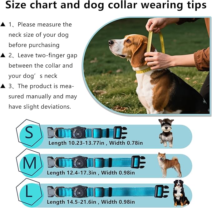 Air -Tag Dog Collar Waterproof Dog Air Tracker Chip for Apple Find My (iOS only) Reflective Strip Real Time Anti-Loss Tags Ultra-Durable GPS Pet Tracking Collar, Sky Blue M (12.4''-17.3'')-PawvioPets
