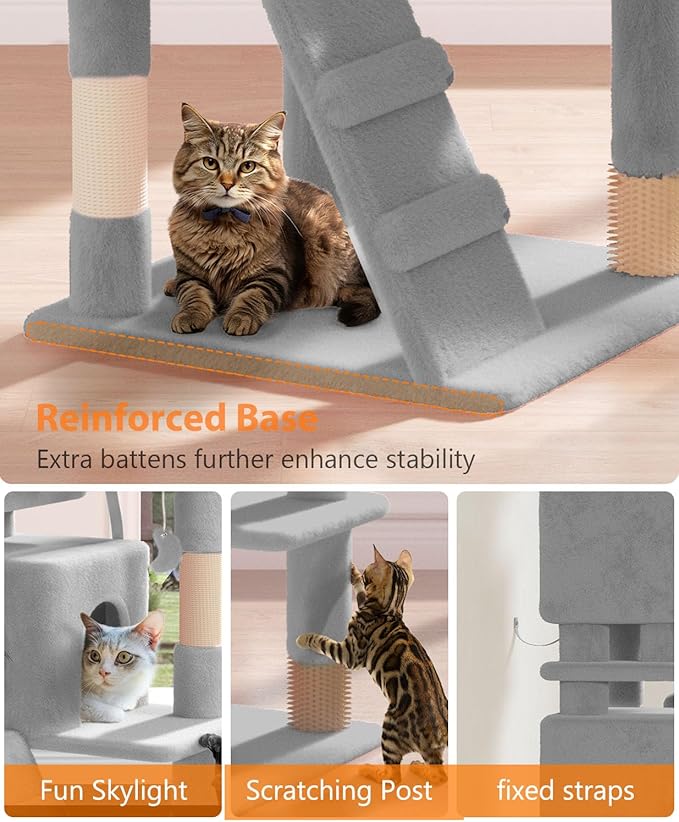 60'' Cat tree Tower for Indoor Cats Large Adult,Cute/Tall Modern Cat Tree for Big Cats 20 lbs,Plush Multi-Level Cat Condo with Scratching Posts,Dangling Ball for fun play(Light Gray, 60 inch)-PawvioPets