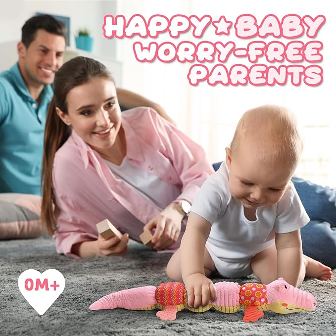 Baby Toys 0 to 12 Months, Musical Stuffed Animal Activity Soft Toys with Multi-Sensory Crinkle, Rattle and Textures,Infant Tummy Time Toys for Newborn Boys Girls, Crocodile, Pink-PawvioPets