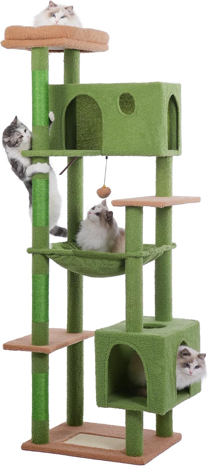 72” Cat Tree for Large Cats Big Cat Tower with Enlarged Hammock 21.6x17.7” Spacious Cats Condo House and Roomy Top Bed and Multiple Scratch Posts for Indoor Adult Cats (Green, XLarge-72)-PawvioPets