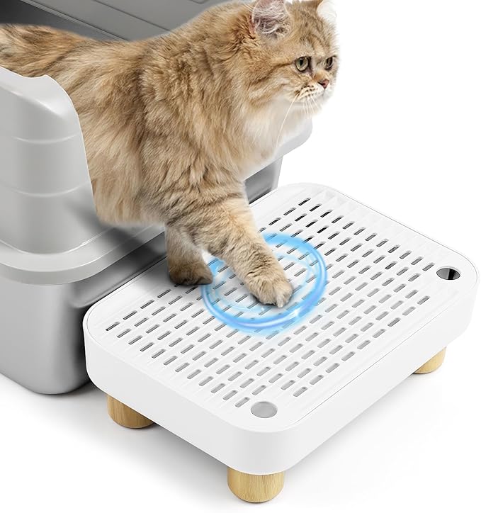 Cat Litter Box Step Ramp, Cat Litter Catcher Mat with Wooden Feet, Filter Function, Cat Pedal Stool for Self-Cleaning Cat Litter Box, Ideal for Kitten & Elderly Cats (White)-PawvioPets